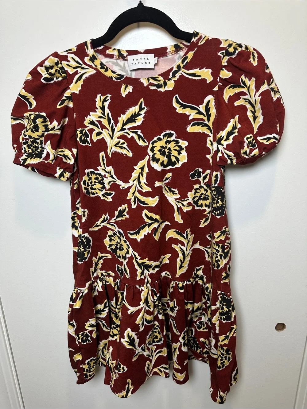 Tanya Taylor Maroon Floral Puff-Sleeve Dress with Yellow Black Accents (7)